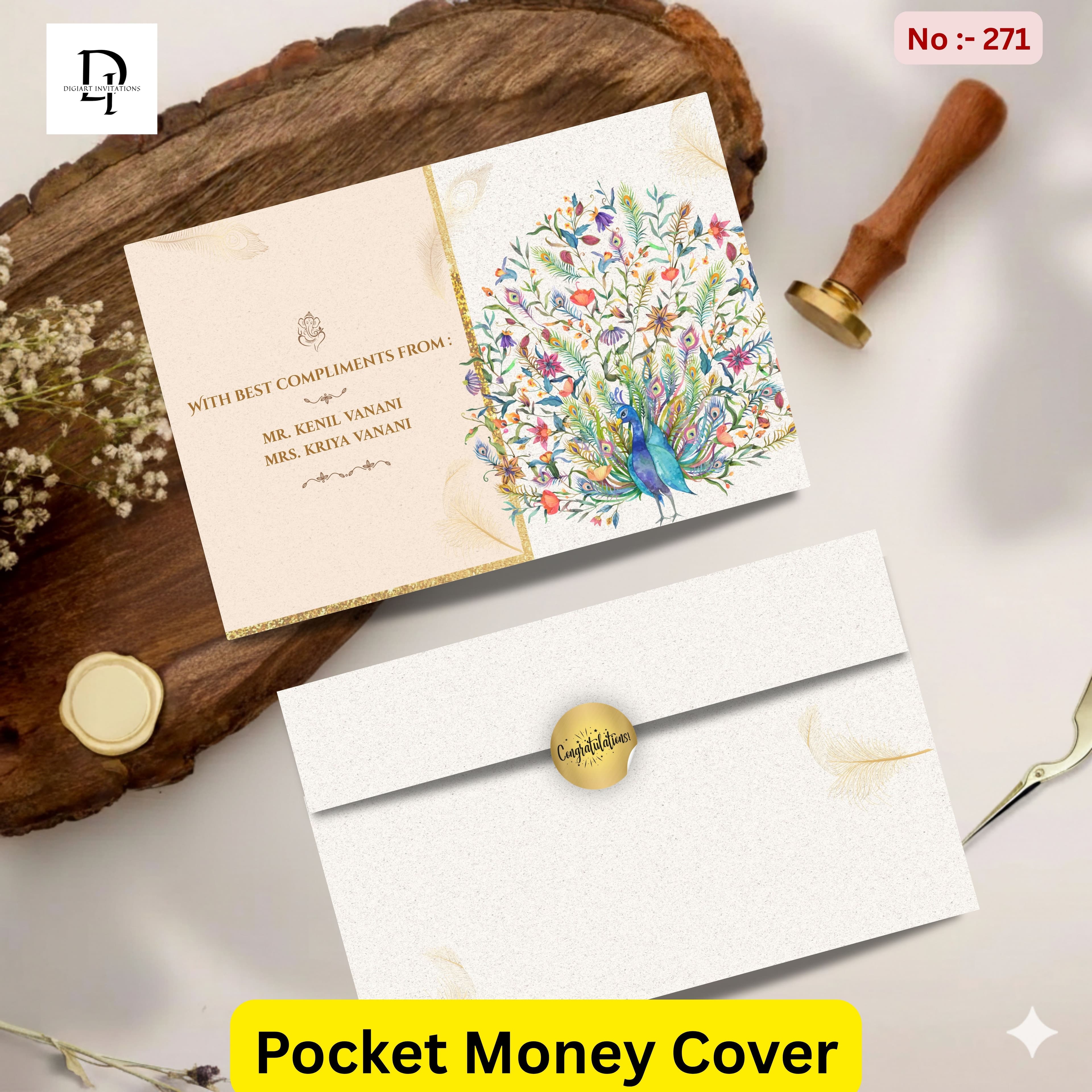 Split Gold and Floral Peacock Pocket Shagun Cover