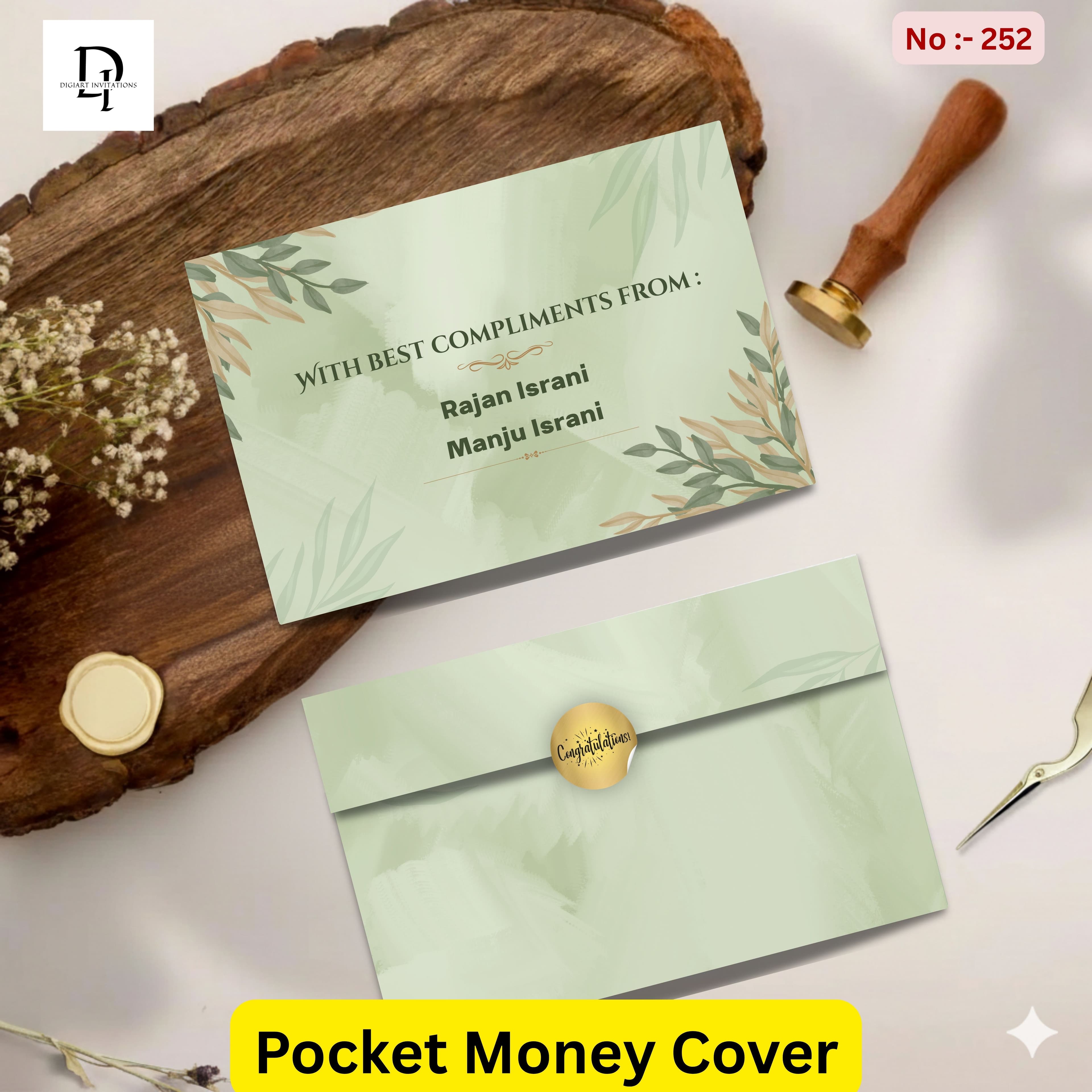 Soft Sage Green Botanical Leaves Pocket Shagun Cover