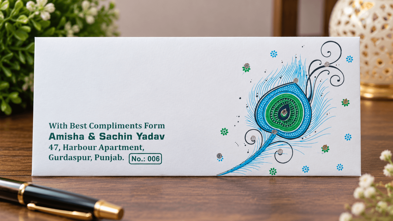 Elegant Peacock Feather White Wedding Envelope