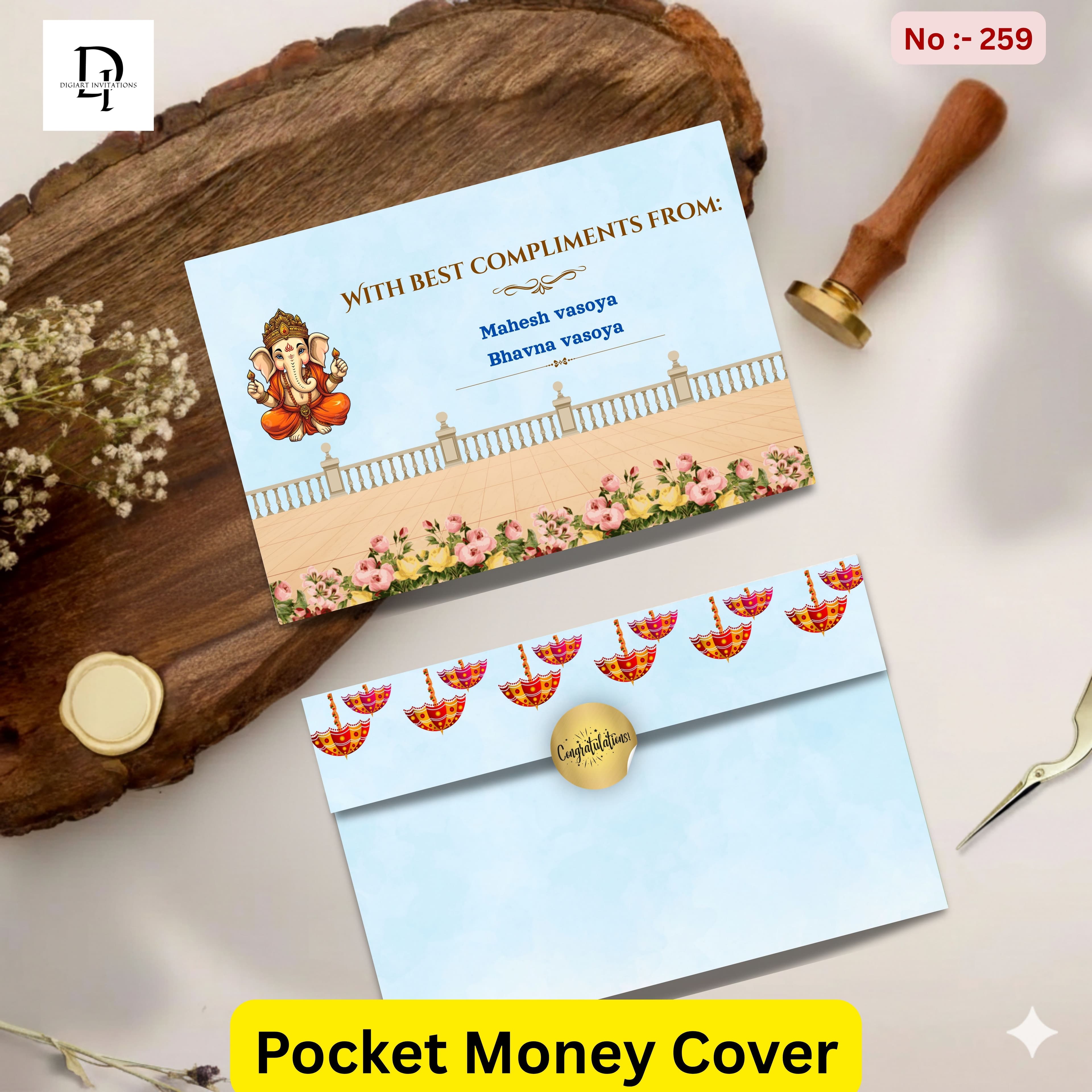 Lord Ganesha & Balcony Floral Pocket Shagun Cover
