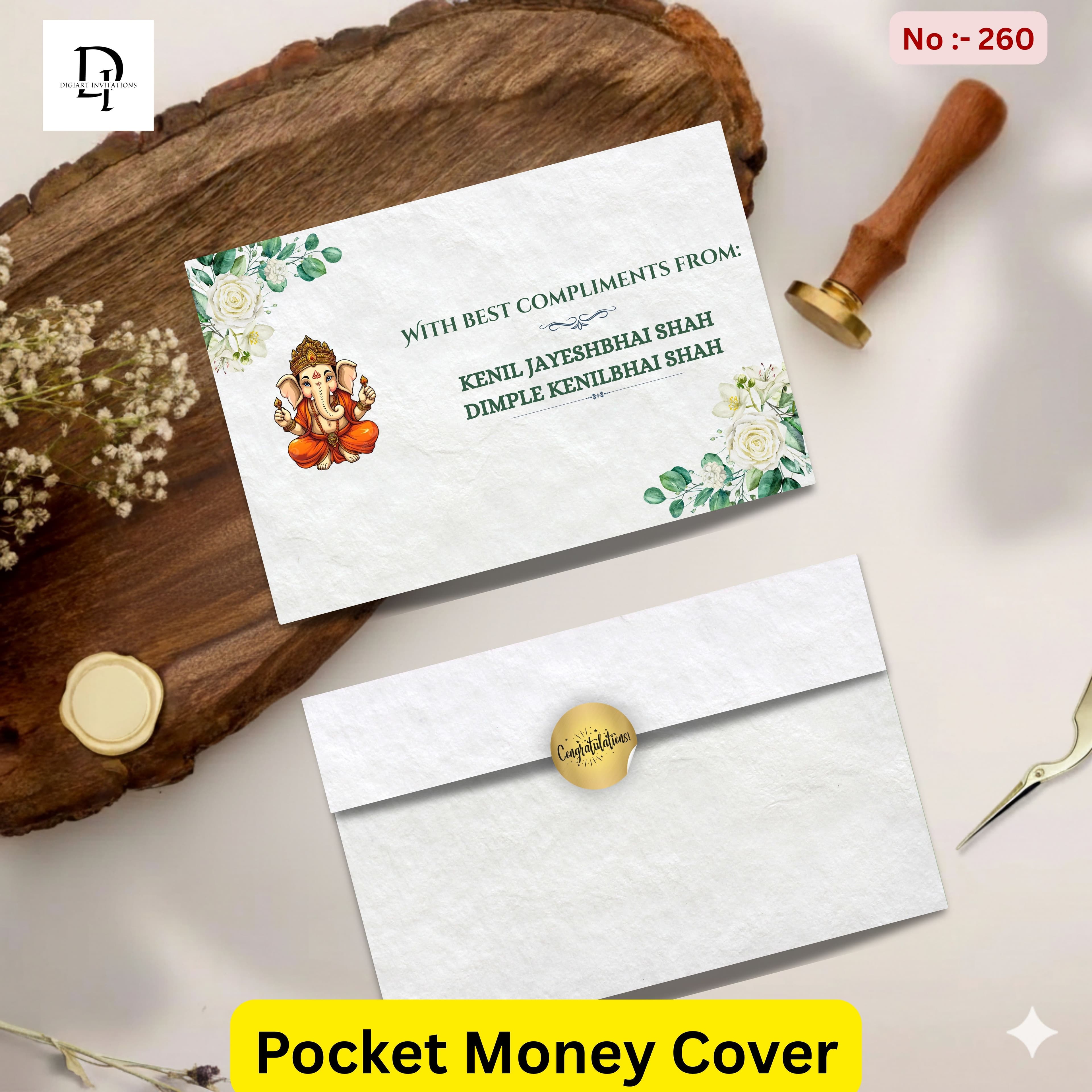 Lord Ganesha & White Peonies Pocket Shagun Cover