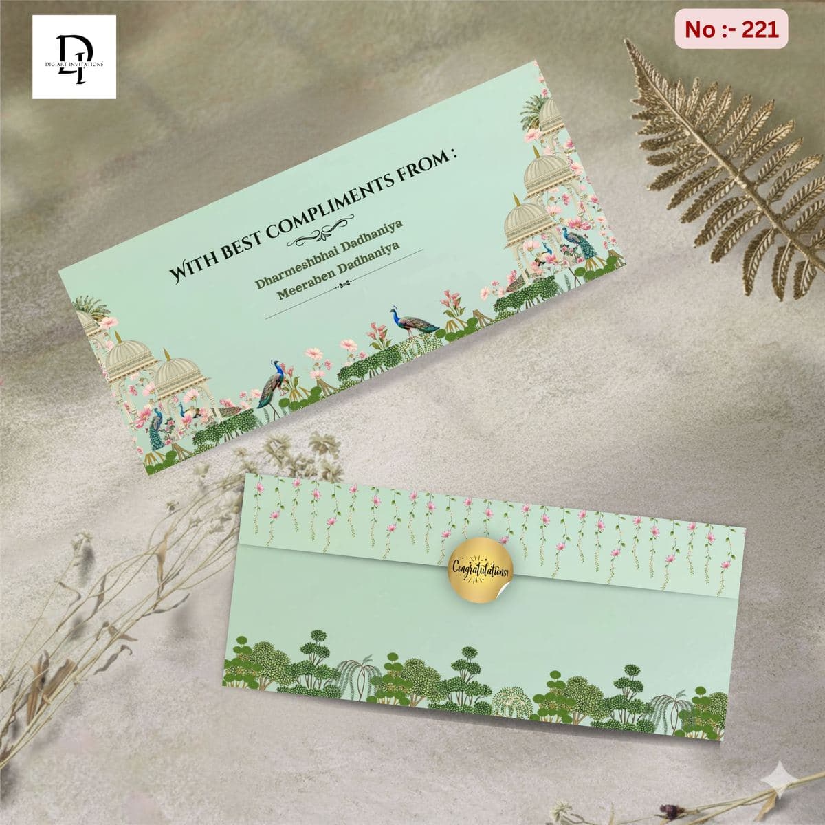Mint Green Peacock & Palace Theme Wedding Money Cover / Shagun Envelope
