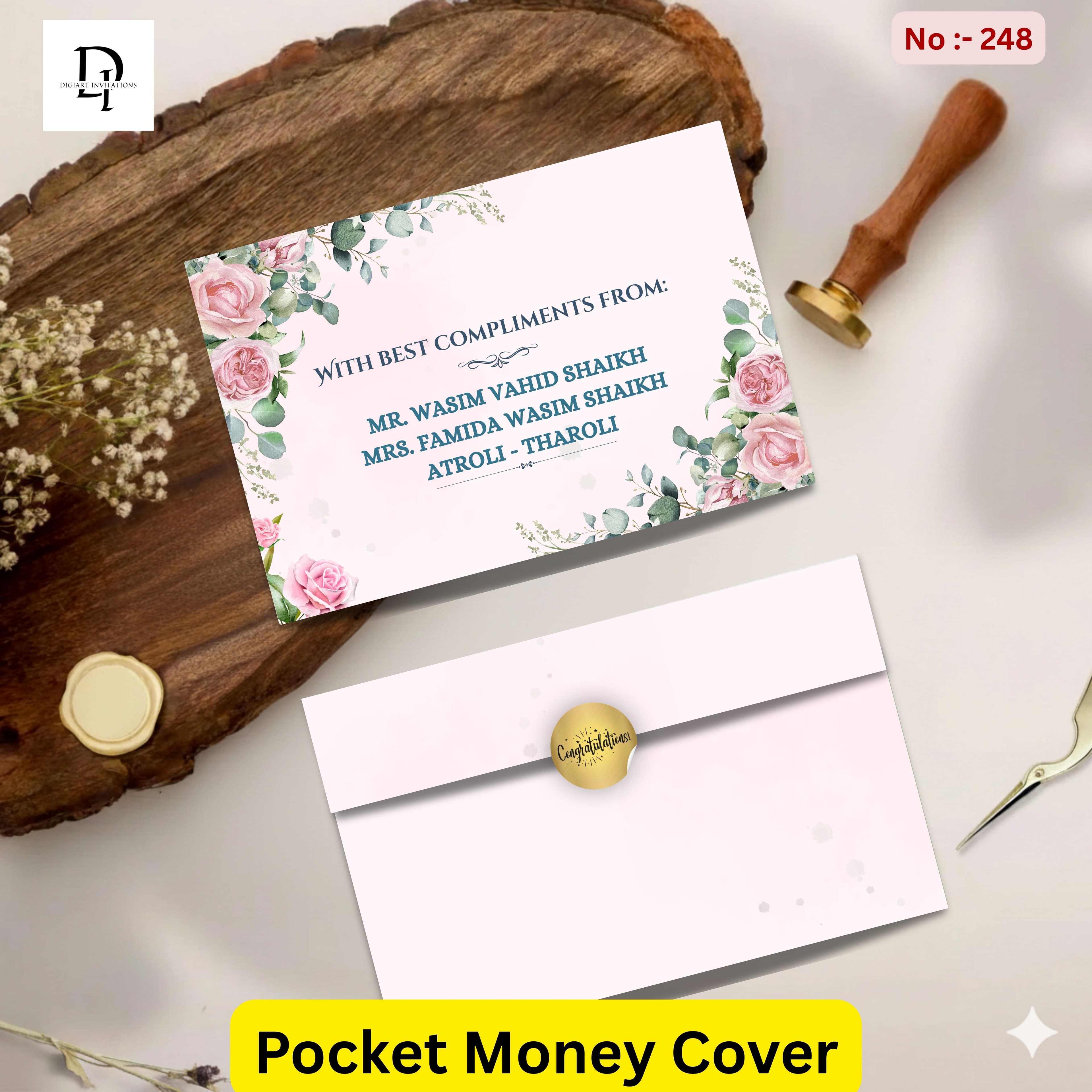 Elegant Pink Roses & Eucalyptus Pocket Shagun Cover