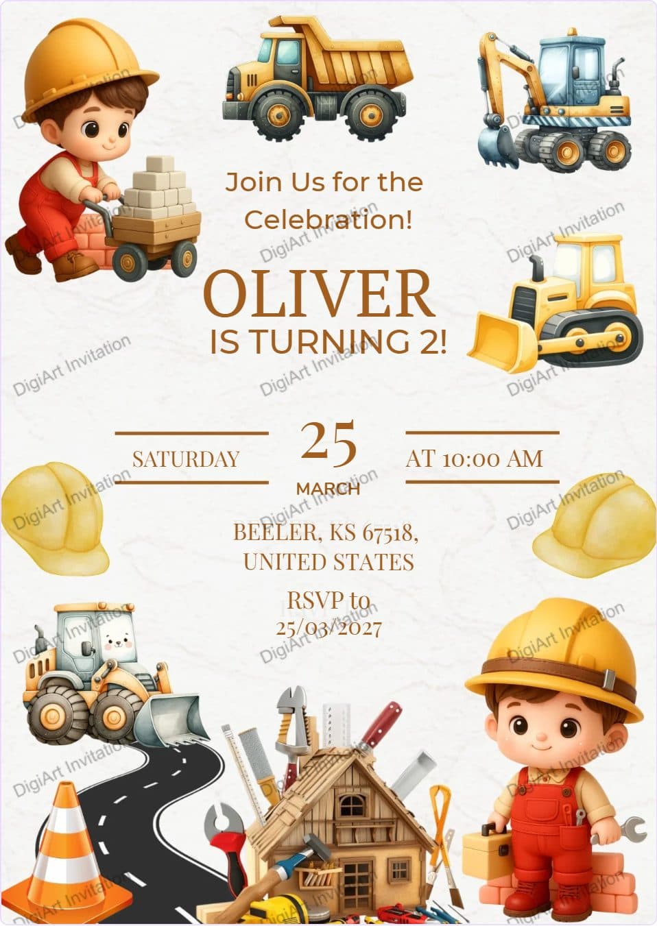 Construction Little Builders theme birthday invitation
