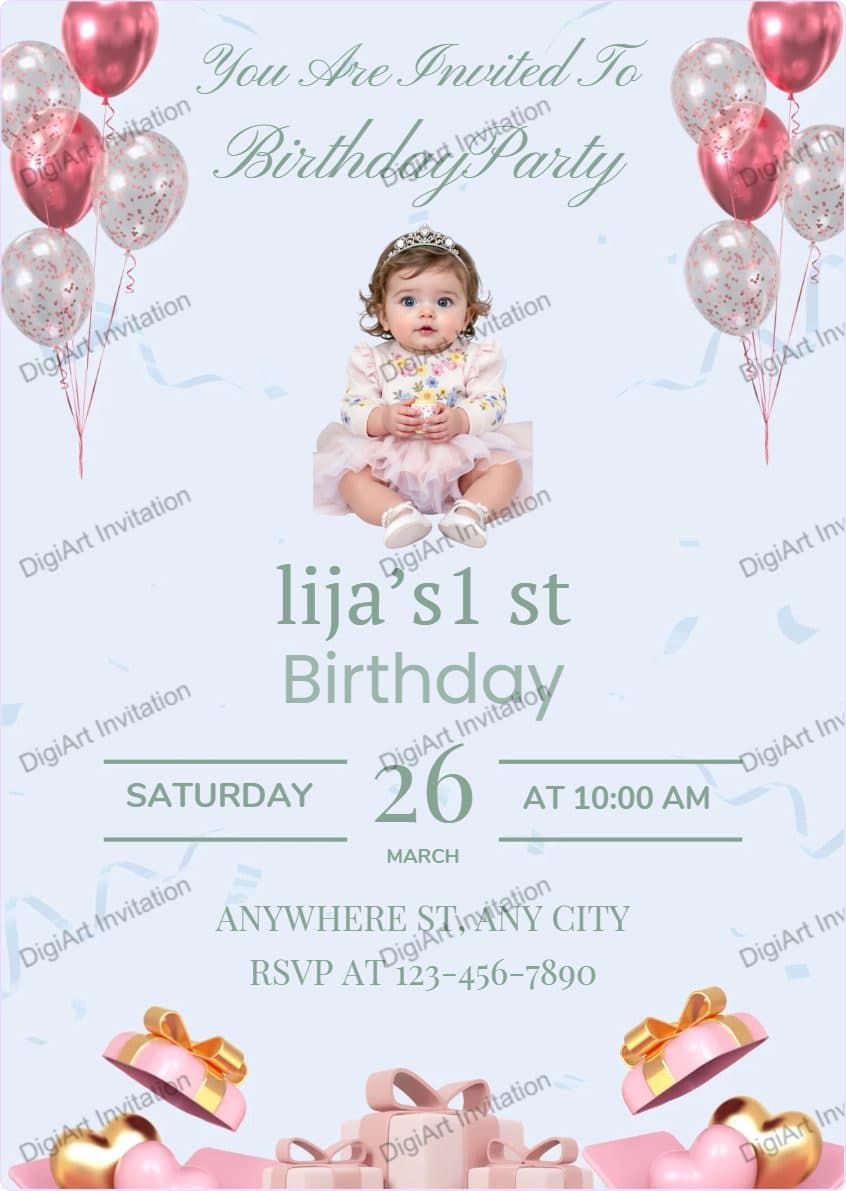Pink Balloon Cute Princess Birthday Invitation